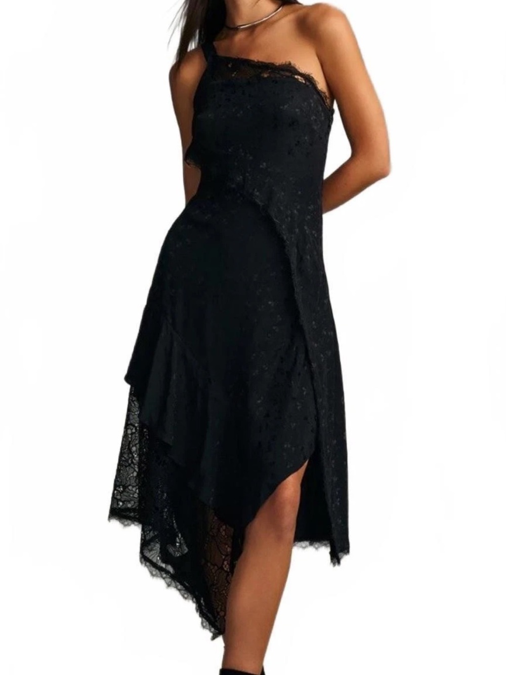 Anthropologie Black One-Shoulder Lace Asymmetric Dress